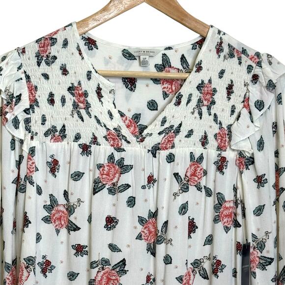 Lucky Brand Size Small Rose Print Smocked Ruffle Pullover Split Neck Blouse - Picture 2 of 8